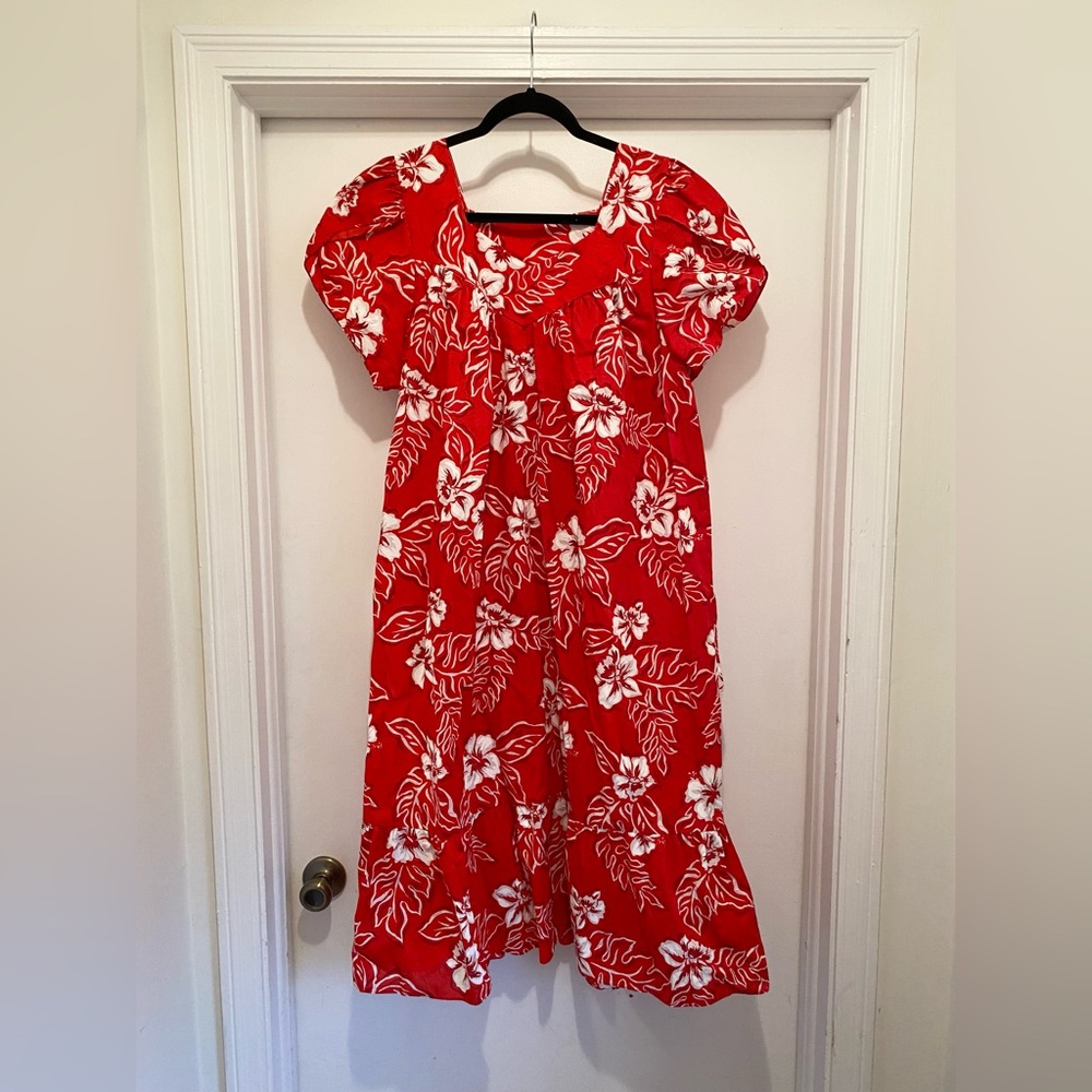 Red Floral Hawaiian Dress Made in Hawaii Maxi Women XL vacation Lilo cosplay